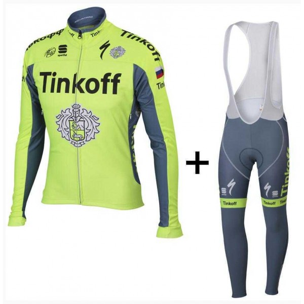 2016 Tinkoff Wielerkleding Set Wielershirt Lange Mouwen+Lange Fietsbroeken Bib Vliezen Lichtgroen